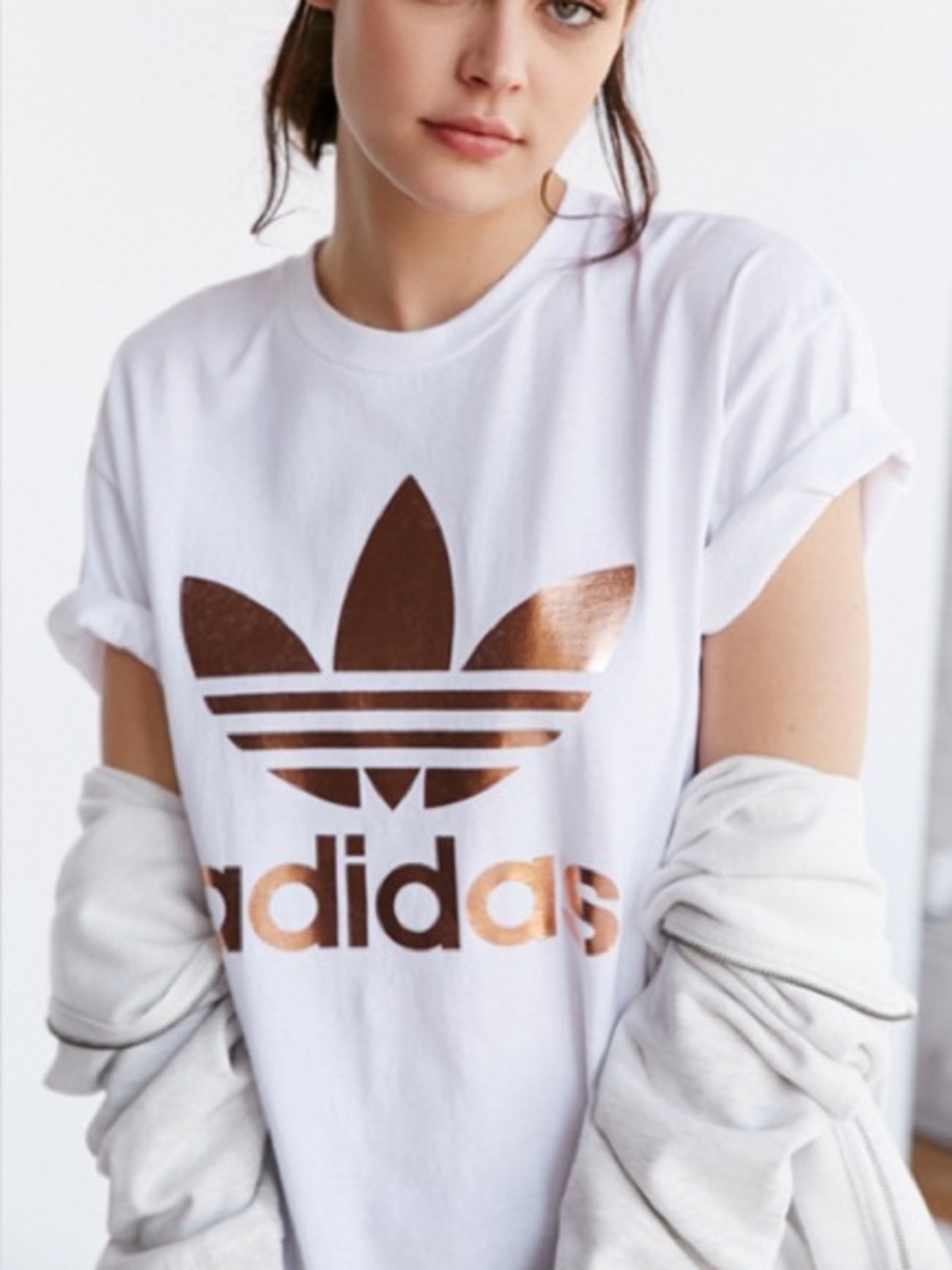 Adidas Originals White Short Sleeve Tee with Metallic Copper/Rose Gold Trefoil